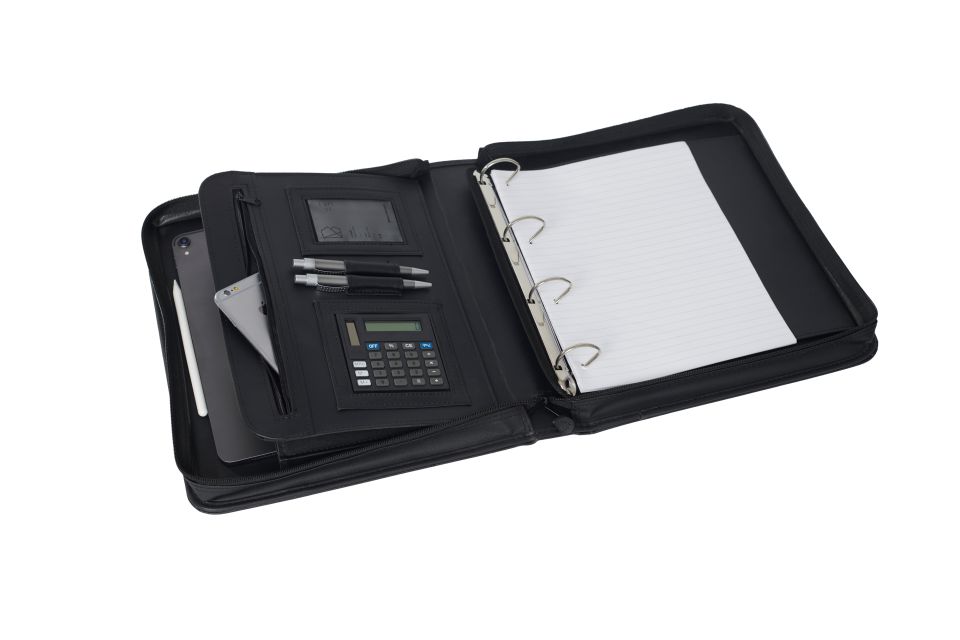 BUSINESS RINGBUCHMAPPE DIN A4 - aus schwarzem Kunstleder, inklusive Dual-Power-Rechner
